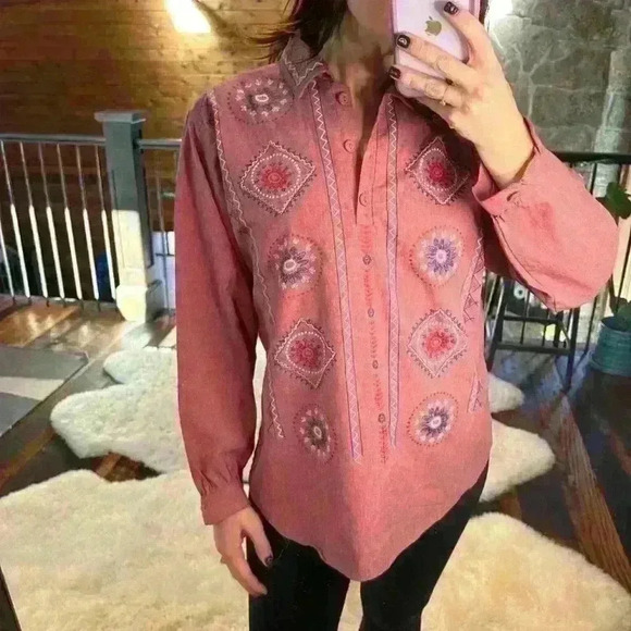 VINTAGE BLAIR Western Print Red Quarter Button Up Blouse Top Women Medium - Picture 4 of 8